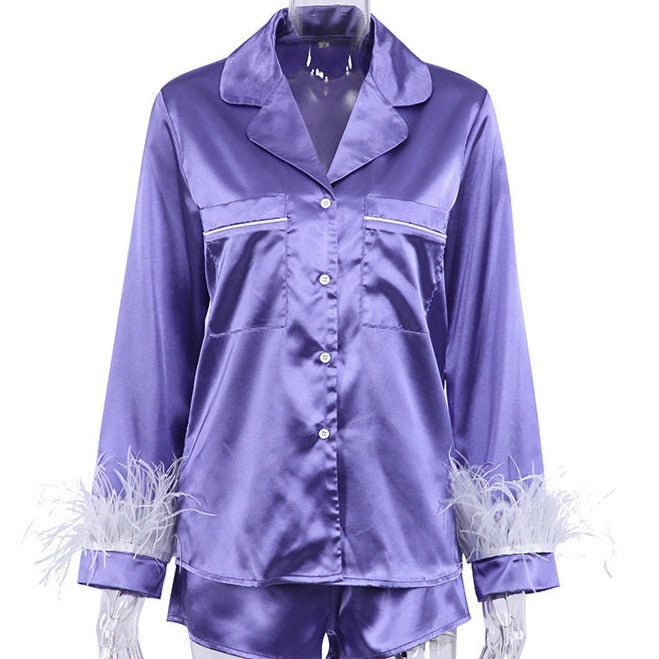 Feather Detachable Long Sleeve Silk Nightwear Set S / Purple - ENCHANTE VOGUE