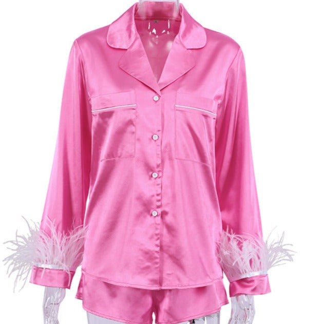 Feather Detachable Long Sleeve Silk Nightwear Set