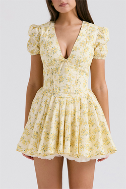 Floral V Neck Slim Fit Mini Dress S / Yellow - ENCHANTE VOGUE