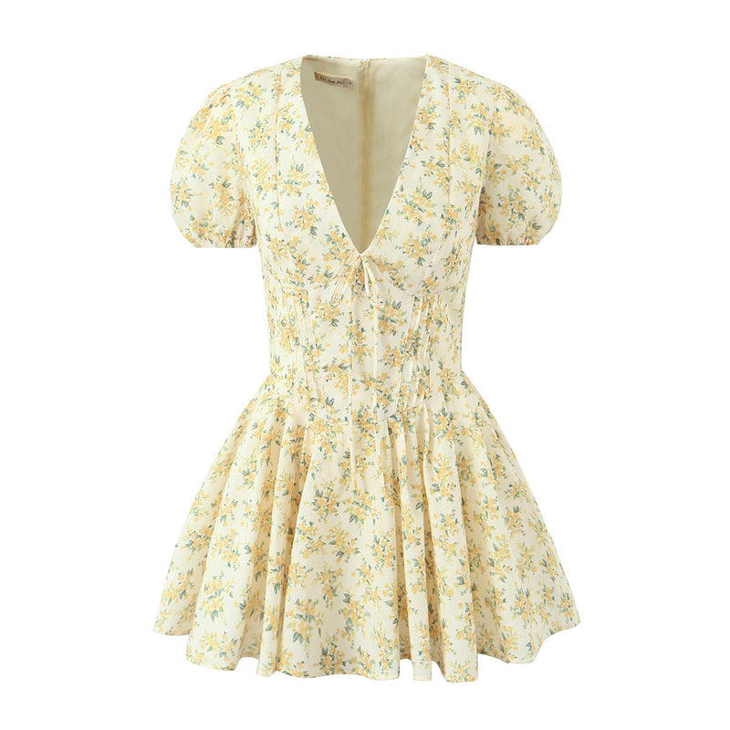 Floral V Neck Slim Fit Mini Dress S / Yellow - ENCHANTE VOGUE