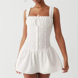 Embroidered Square Collar Tight Waist Mini Dress S / White - ENCHANTE VOGUE