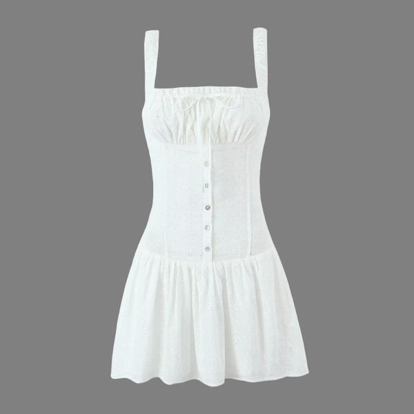 Embroidered Square Collar Tight Waist Mini Dress S / White - ENCHANTE VOGUE