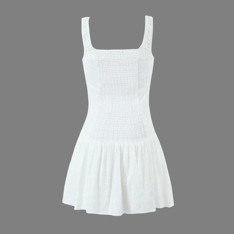 Embroidered Square Collar Tight Waist Mini Dress S / White - ENCHANTE VOGUE