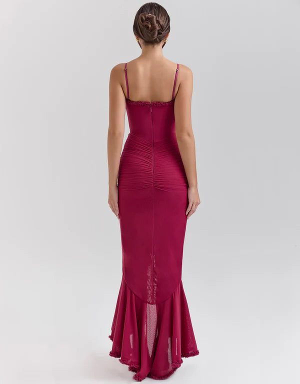 Pleated Irregular Asymmetric Midi Dress XS / Burgundy - ENCHANTE VOGUE