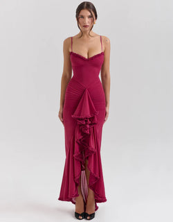 Pleated Irregular Asymmetric Midi Dress XS / Burgundy - ENCHANTE VOGUE