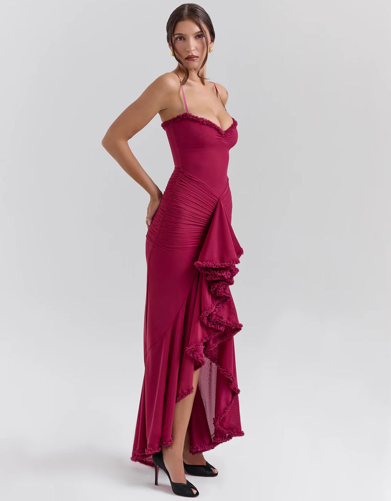 Pleated Irregular Asymmetric Midi Dress XS / Burgundy - ENCHANTE VOGUE