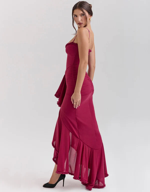 Pleated Irregular Asymmetric Midi Dress XS / Burgundy - ENCHANTE VOGUE