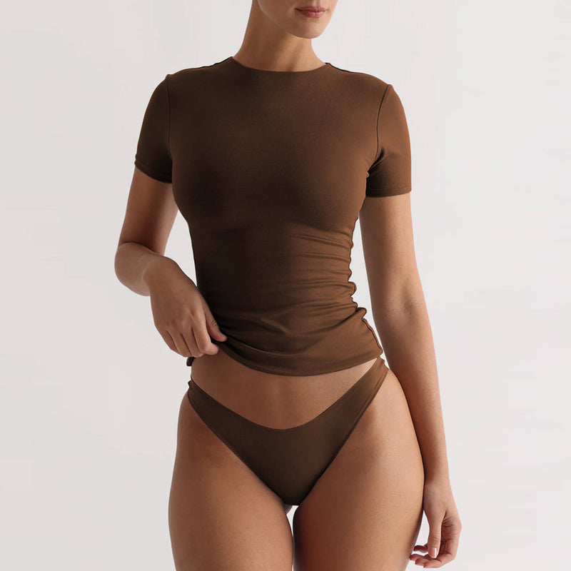 Short Sleeved Slim Fit Sexy Top S / Brown - ENCHANTE VOGUE