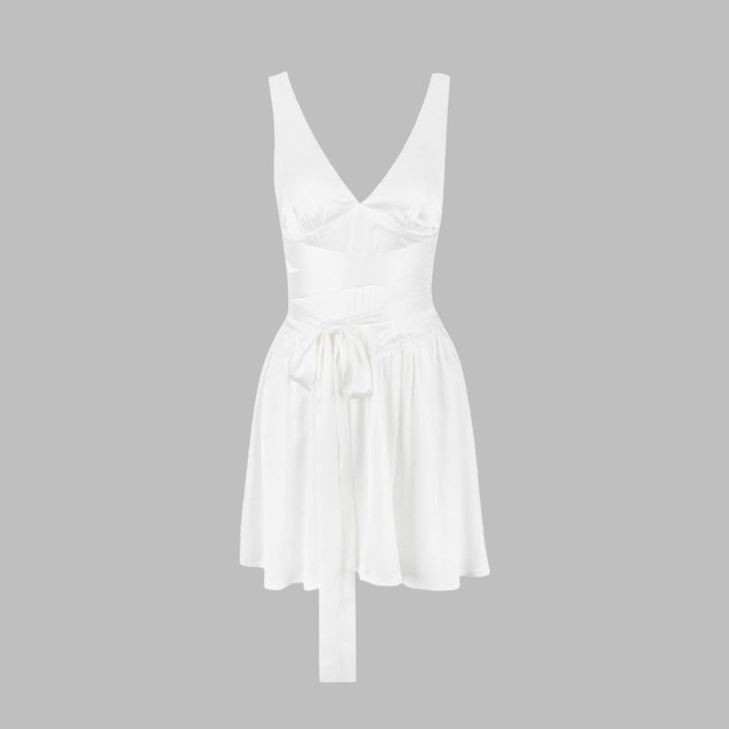 Deep V Slim Fit White Mini Dress XS / White - ENCHANTE VOGUE