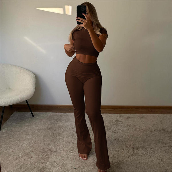 Slim Fit Crop Top High Waist Tight Trousers Set S / Brown - ENCHANTE VOGUE