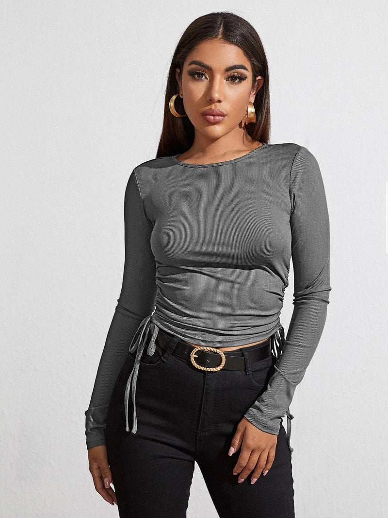 Long Sleeve Drawstring Slim Casual Top S / Dark Grey - ENCHANTE VOGUE