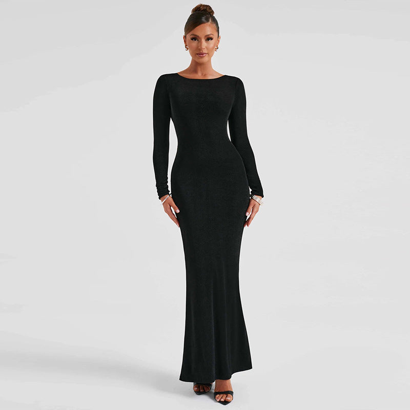 Sexy Backless Lace-Up Long Sleeve Elegant Maxi Dress S / Black - ENCHANTE VOGUE