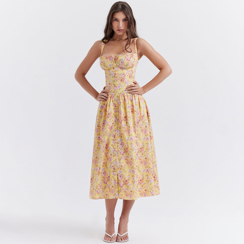 Square Collar Slim Fit Floral Midi Dress XS / Pink - ENCHANTE VOGUE