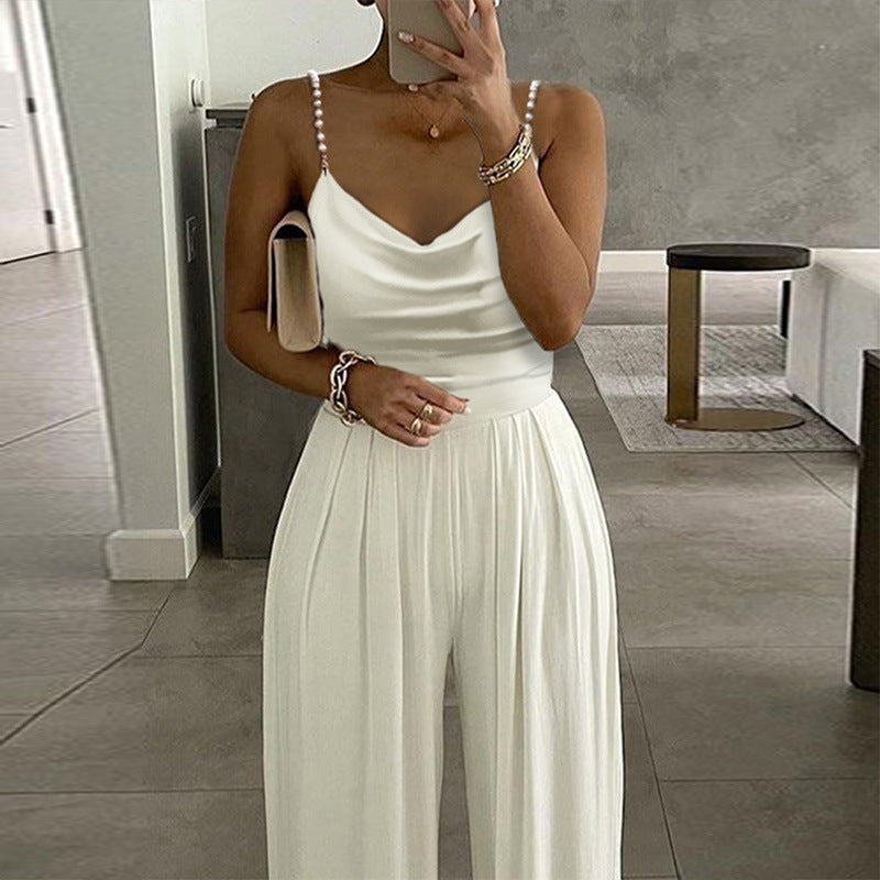 Pearl Suspender Wide Leg Sleeveless Jumpsuit S / White - ENCHANTE VOGUE