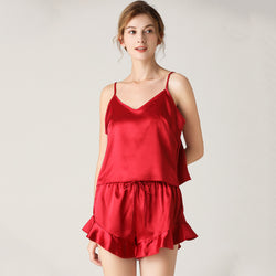 Silk V-neck Strap Shorts Nightwear Set S / Red - ENCHANTE VOGUE