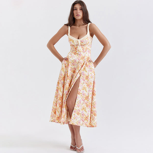 Floral Slip Slit Midi Dress XS / Ivory - ENCHANTE VOGUE