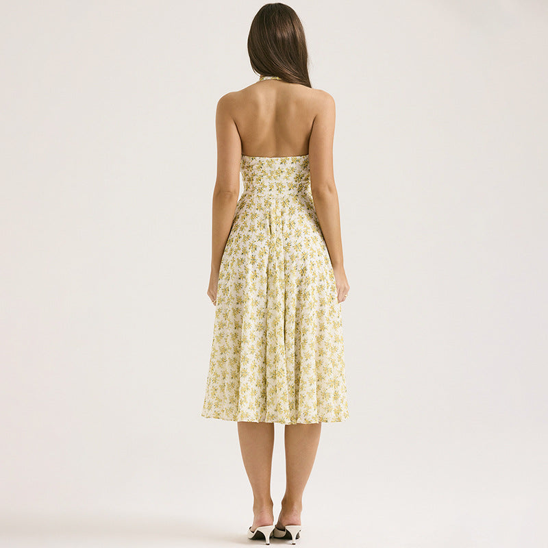 Deep V Floral Halter Midi Dress S / Yellow - ENCHANTE VOGUE