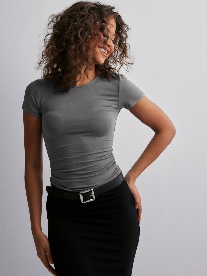 Round Neck Short Sleeve Top S / Dark Gray - ENCHANTE VOGUE