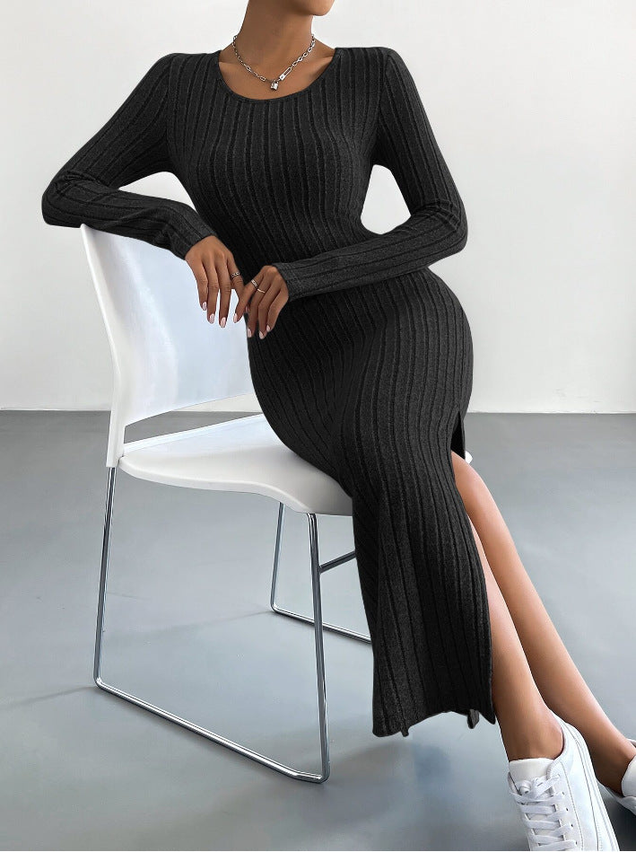 Long Sleeve Crew Neck Split Knitted Maxi Dress XS / Light Gray - ENCHANTE VOGUE