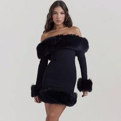 Black Plush Long Sleeve off Shoulder Fur Mini Dress XS / Black - ENCHANTE VOGUE