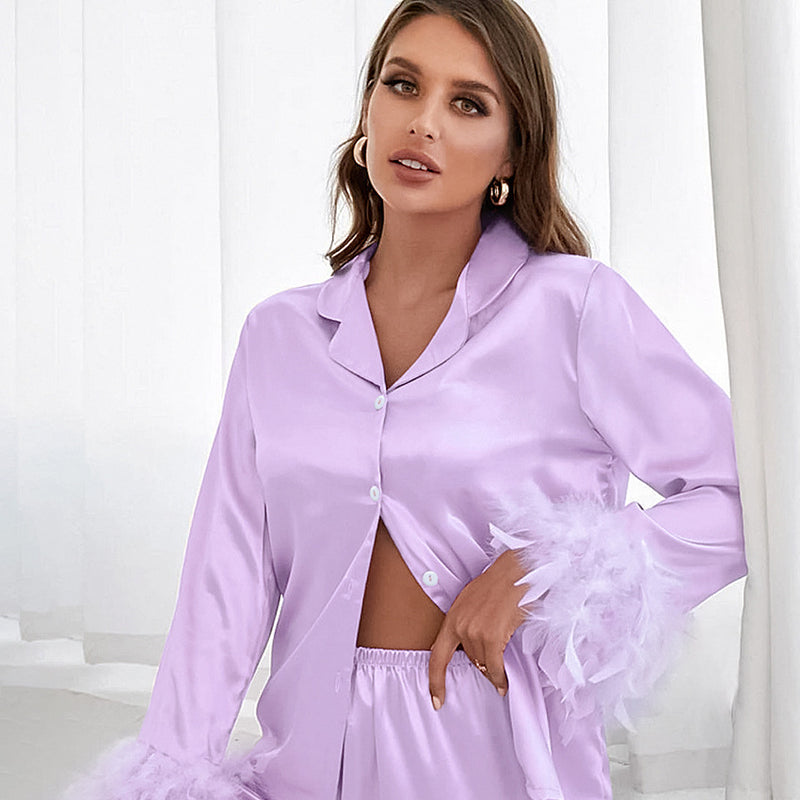 Thin Satin Silk Feather Loungewear S / Purple - ENCHANTE VOGUE