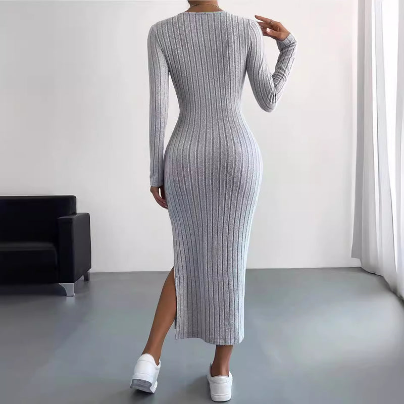 Long Sleeve Crew Neck Split Knitted Maxi Dress XS / Light Gray - ENCHANTE VOGUE