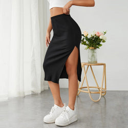 Elastic Waist Bag Hip Slit Skirt S / Black - ENCHANTE VOGUE