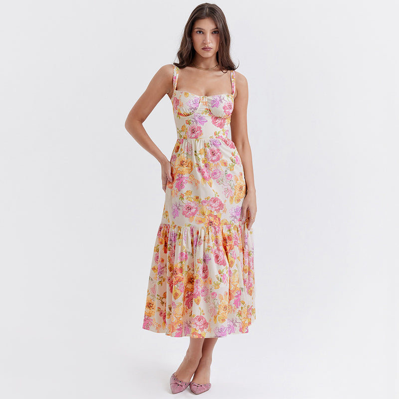 Floral Sleeveless Strap Midi Dress XS / Ivory - ENCHANTE VOGUE