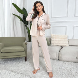 Long Sleeve Casual Loungewear Set S / Beige - ENCHANTE VOGUE