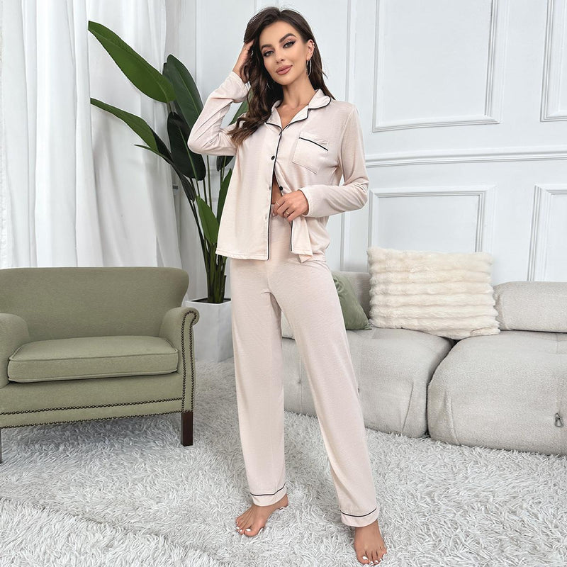 Long Sleeve Casual Loungewear Set S / Beige - ENCHANTE VOGUE