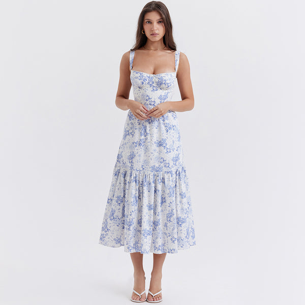 Floral Sleeveless Strap Midi Dress XS / Blue - ENCHANTE VOGUE