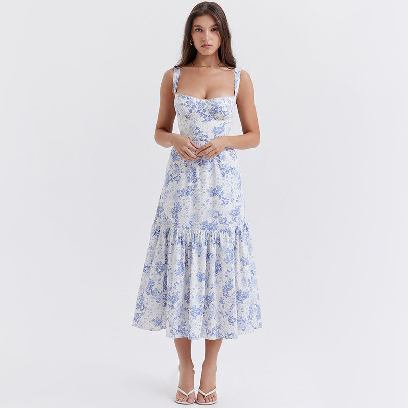 Floral Sleeveless Strap Midi Dress XS / Blue - ENCHANTE VOGUE