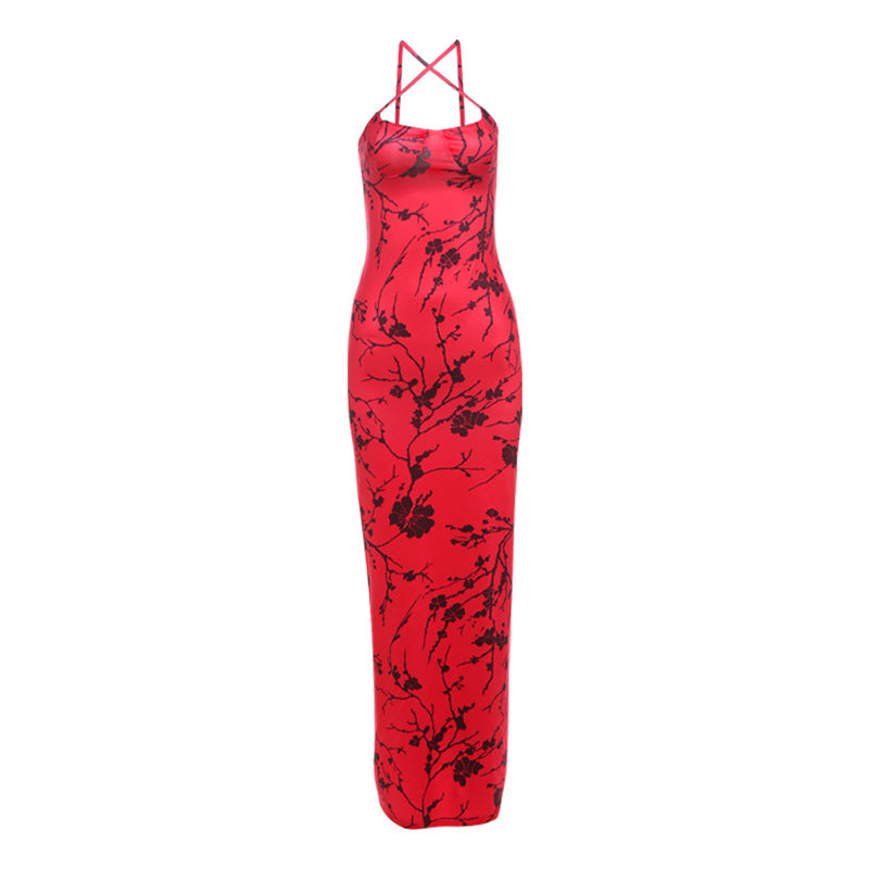 Retro Printed Slim Strap Maxi Dress S / Red - ENCHANTE VOGUE