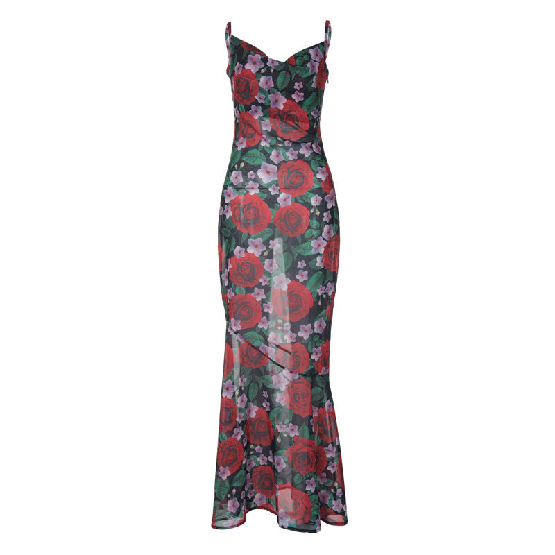 Slim Fit Floral Printed Cami Maxi Dress S / Red - ENCHANTE VOGUE