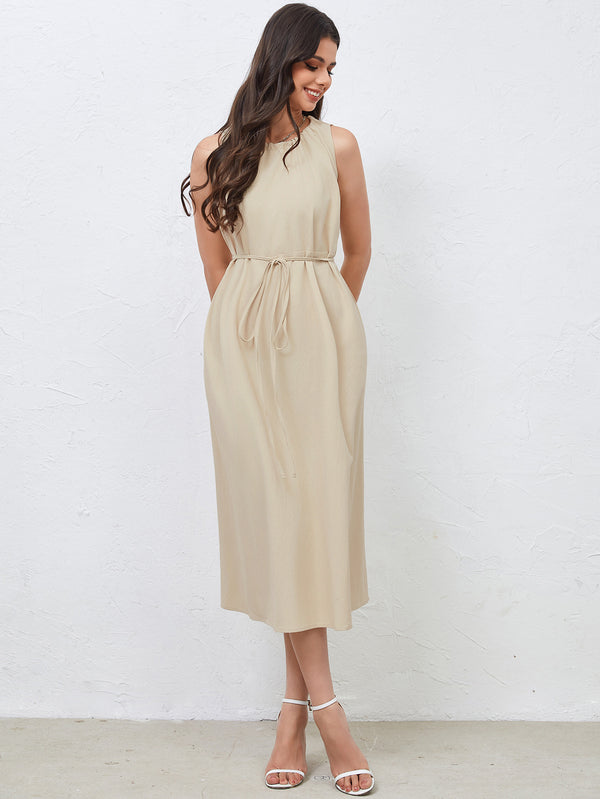 Casual Elegant Waist Belt Slimming Midi Dress S / Apricot - ENCHANTE VOGUE