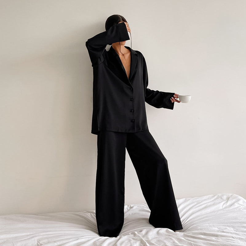 Thin Silk Loose Loungewear Set S / Black - ENCHANTE VOGUE