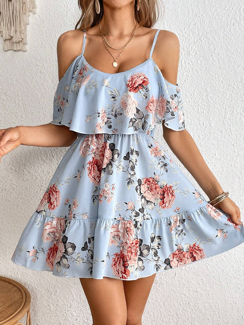 Sexy Floral Waist Slimming Ruffled Cami Mini Dress S / skyblue - ENCHANTE VOGUE