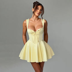 Elegant Hip Bow Mini Dress S / Yellow - ENCHANTE VOGUE