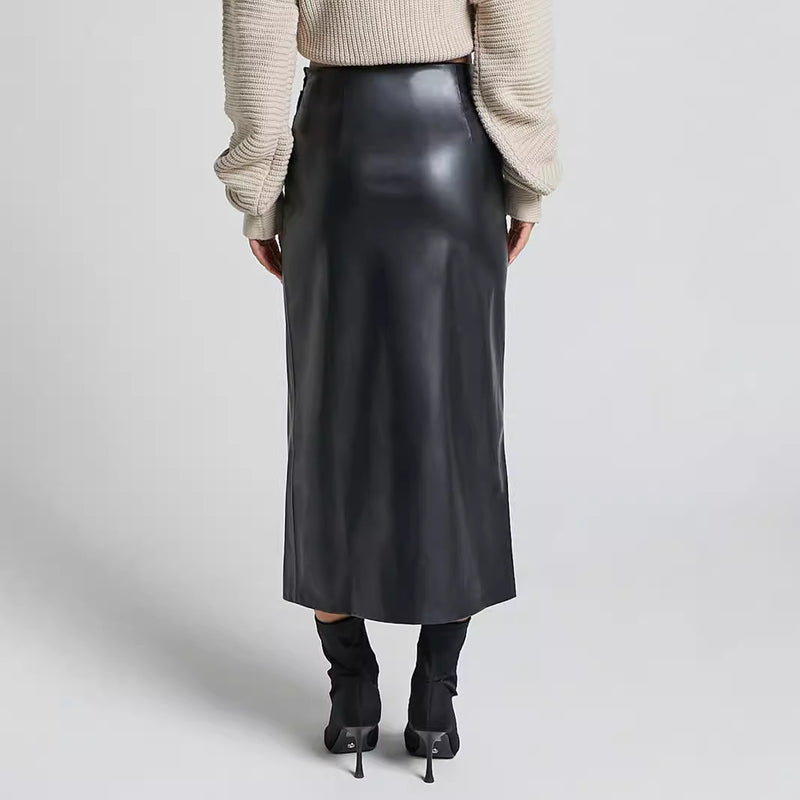 Faux Leather High Waist Sheath Long Skirt S / Black - ENCHANTE VOGUE