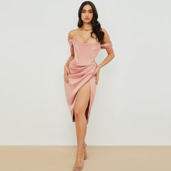 Off Shoulder Tube Top Slim Fit Slit Midi Dress S / Pink - ENCHANTE VOGUE