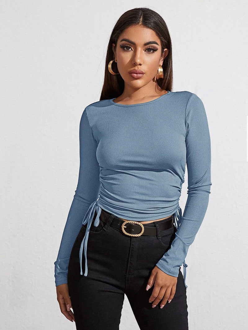 Long Sleeve Drawstring Slim Casual Top S / Haze blue - ENCHANTE VOGUE