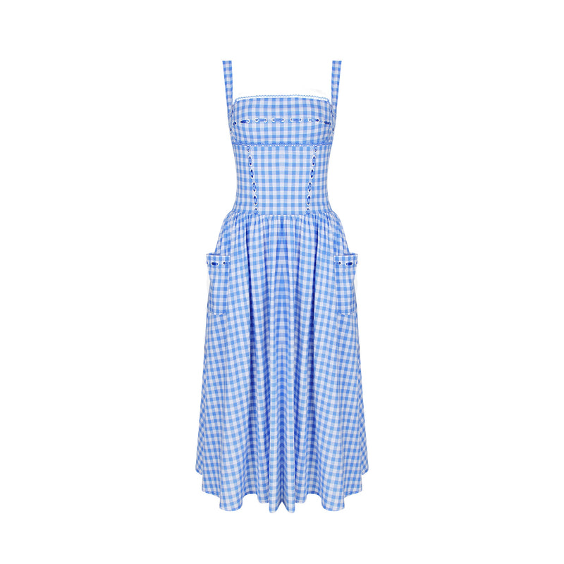 Sexy Pastoral Blue Plaid Sling Midi Dress XS / Blue - ENCHANTE VOGUE