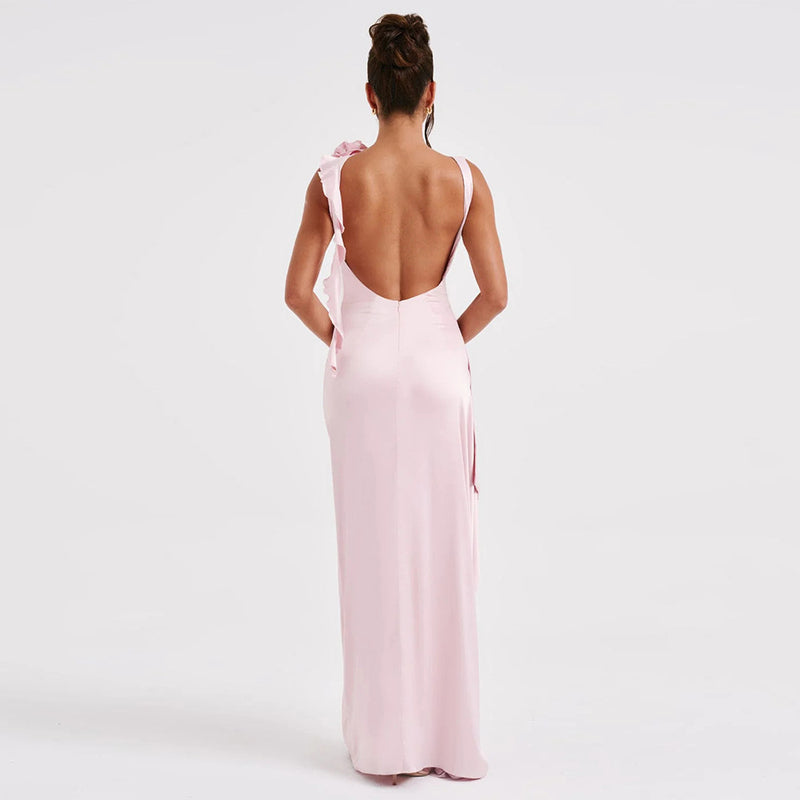 Backless Satin Pleated High Slit Maxi Dress S / Pink - ENCHANTE VOGUE