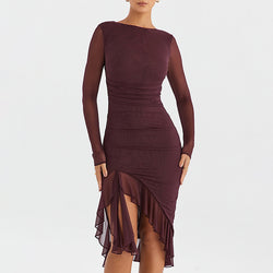 Mesh Stitched Backless Sheath Midi Dress S / Burgundy - ENCHANTE VOGUE