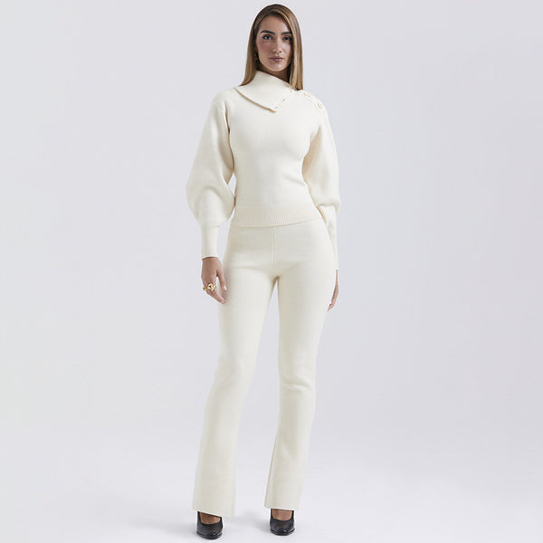 Long Sleeve Straight Leg Knitted Set S / White - ENCHANTE VOGUE