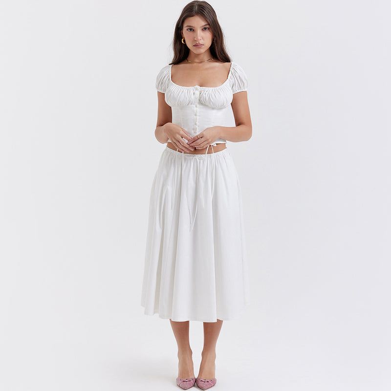 Square Collar Puff Sleeve Cropped Top Skirt Two Piece Set XS / White - ENCHANTE VOGUE