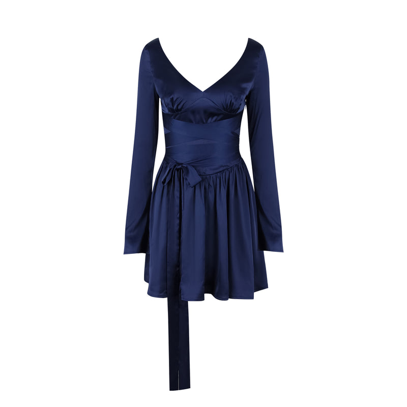 V Neck Tight Waist Long Sleeve Mini Dress XS / Navy Blue - ENCHANTE VOGUE