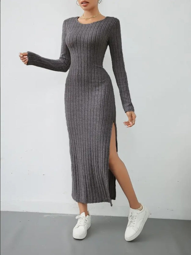 Long Sleeve Crew Neck Split Knitted Maxi Dress XS / Dark Grey - ENCHANTE VOGUE