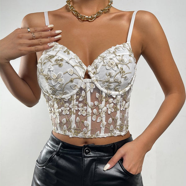 Embroidery Floral Sexy Mesh Boning Corset Top S / White - ENCHANTE VOGUE