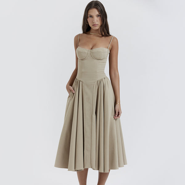 V Neck Strap Waist Tight Slim Fit Midi Dress XS / Khaki - ENCHANTE VOGUE